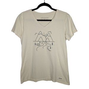 LIFE IS GOOD V neck cap sleeve camping mountain scene women white Tshirt M